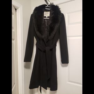 London Fog Black Wool Blend Robe Coat with Blue Fox Fur Collar